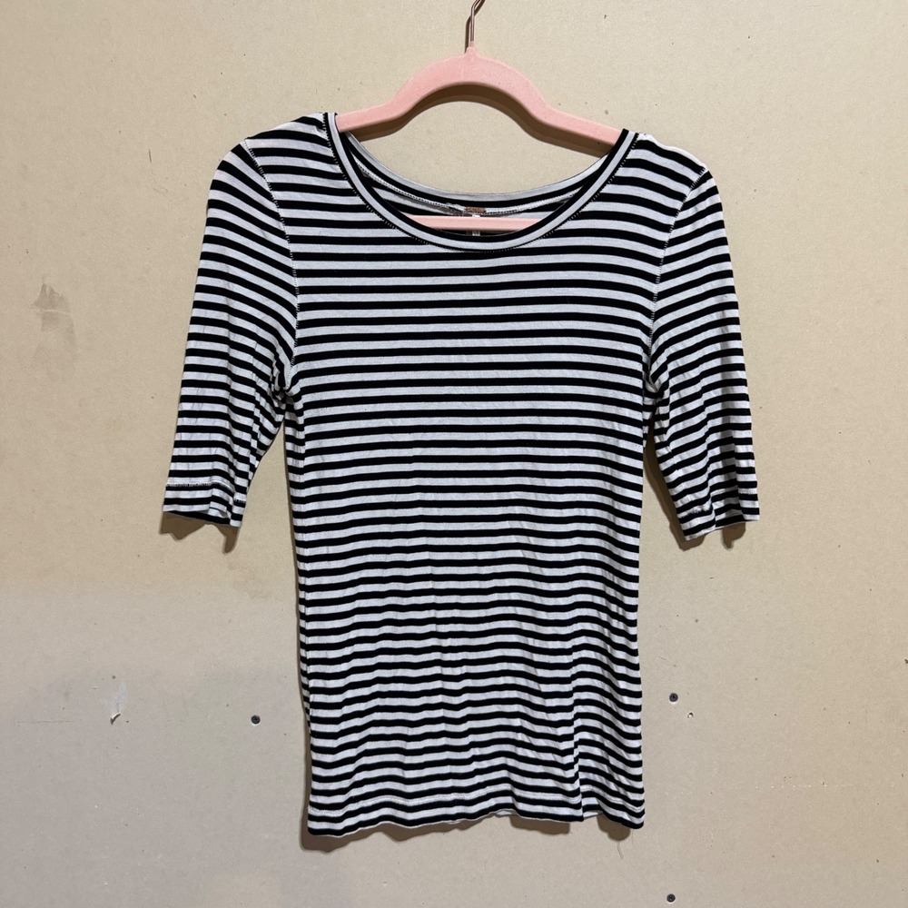 Free People Striped Elbow Sleeve Scoop Neck Top Black White Small